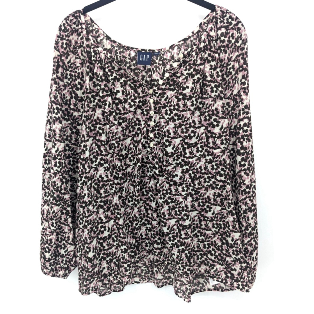 GAP Blouse‎ Womens 2XL Black Pink Floral Print Long Sleeve Button Front Cotton
